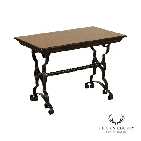 Spanish Revival Vintage Wrought Iron & Oak Trestle Table Cover