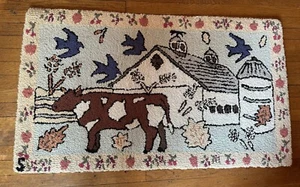 Primitive Folk Art Hooked Wool Rug Cow Farmhouse Barn Fruit Bluebirds Sgnd 47x27 - Picture 1 of 7