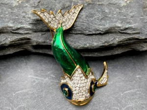 Kenneth Jay Lane KJL Dramatic Koi Fish Green Enamel and Rhinestone Brooch/Pin - Picture 1 of 6