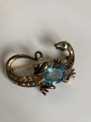 REJA STERLING LIZARD BROOCH WITH FACETED AQUA GLASS BELLY VINTAGE Rare Find! - Image 1 of 4