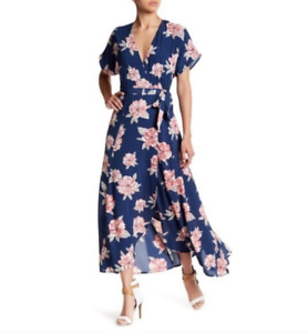 Bobeau Nordstrom Floral Blue Pink Crepe Wrap Maxi Dress XS NWOT