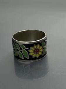 Vtg Siam Sterling Thailand Made Enamel Tulip Flower Heart Cigar Band Size 6 Ring - Picture 1 of 8