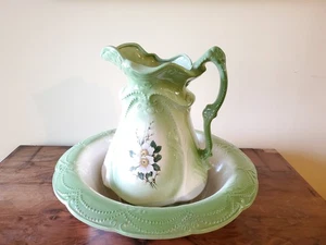 Vintage IRONSTONE Large Green 12" Floral Water Pitcher & 16” Basin Bowl - Picture 1 of 15