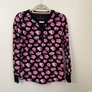 Betsey Johnson Floral Black Pink Size S Women’s Henley Long Sleeve Sleep Shirt - Picture 1 of 4