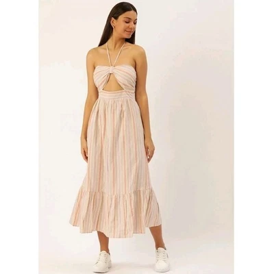 Forever 21 Women's Stripe Cut Out Halter Maxi Dress Size XL Linen Cotton  - Image 1 of 4