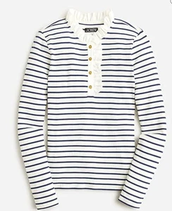 J. Crew Ruffle White Blue Striped Ribbed Fitted Long Sleeved Shirt XL Coastal - Picture 1 of 9