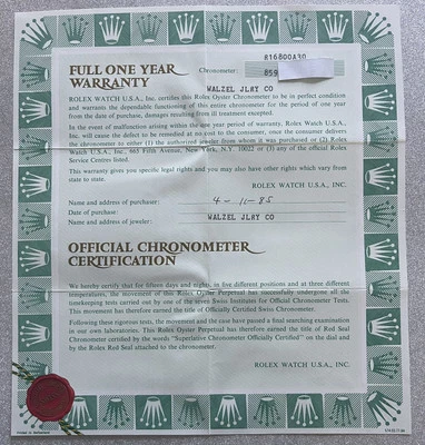 Rolex Submariner 16800 Guarantee Warranty Garanzia 1985 - Immagine 1 di 4