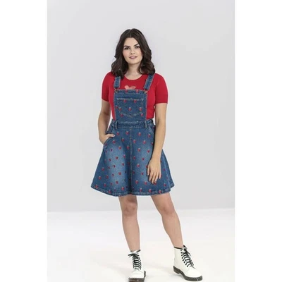 Hell Bunny Strawberry Embroidered Denim Pinafore Dress Blue Sleeveless Sz XS - Image 1 of 4