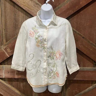 Blusa Camisa Tweeds Floral Lino Bordada Con Botones Mediana Romance Occidental Foto 1 de 4