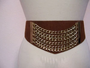 29-38 VINTAGE DRK COGNAC SUEDE UNUSED SLIM BASQUE WAIST STRETCH BELT W CHAINS - Picture 1 of 4