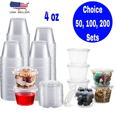 4 oz Plastic Clear Disposable Portion Cups with Lids for Sauce Cup BPA Free - Image 1 of 4