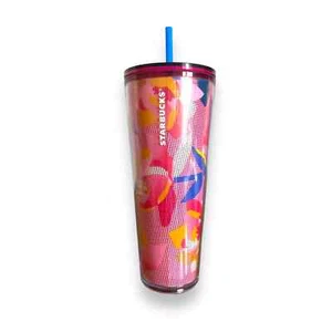 Starbucks 2023 Spring PLAID PEONY Flower Venti 24 oz Cold Cup Pink Tumbler NEW  - Picture 1 of 9