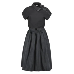 MONCLER SS Belted Midi Dress Snap Button High Neck Logo Jersey Poplin Black L XL - Picture 1 of 11
