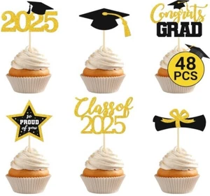 48 PCS Graduation Cupcake Toppers 2025, 6 Style Black and Gold Graduation Cake T - Picture 1 of 7