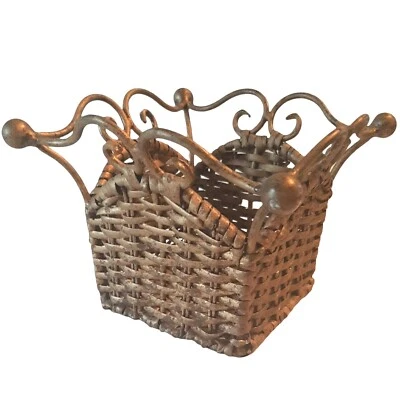Wicker and Metal Distressed Looking Basket Pot Holder Scrolled - Image 1 of 4