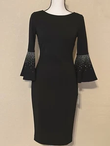 Calvin Klein Women’s Dress Size 2 Black Long Bell Sleeves Rhinestones - Picture 1 of 4