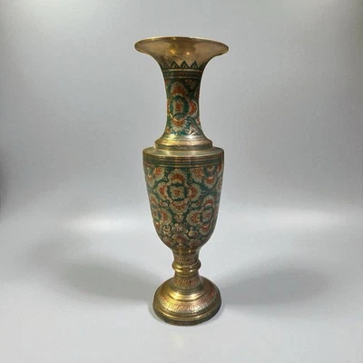 复古印度古董珐琅黄铜花瓶 — 第 1/4 张图片