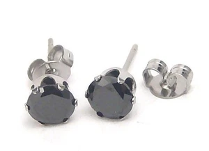 Stud Earrings Black Stones 6mm Hypoallergenic Stainless Surgical Steel 1.5 ct - Picture 1 of 2