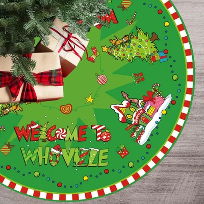 Christmas Tree Skirt 48 Inch Welcome to Village Xmas Tree Skirt Red and Green Ch - Image 1 of 4
