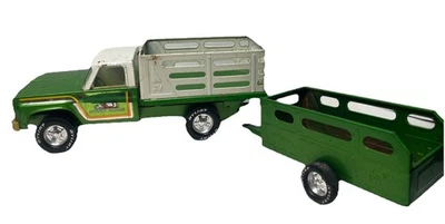 Vintage Nylint Farms Pickup Truck Trailer  Stake Bed Pressed Steel Green 1970s - Image 1 of 4