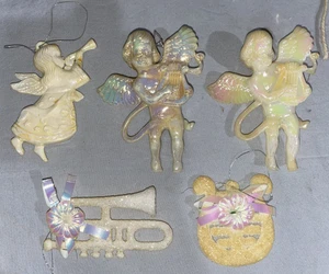 Weißer Cherub Engel Weihnachtsschmuck Trompete Harfe Lot Kunststoff Vintage (ToteWWW - Bild 1 von 3
