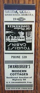 SWANBERGER'S COTTAGE & STANDARD GAS STATION MATCHCOVER: SALIDA, COLORADO -E22 - Picture 1 of 3