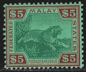 British Malaya Straits Federated Malay States 1934 Leaping Tiger $5 MLH