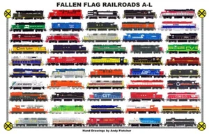 Locomotoras bandera caída A-L 11"x17" ferrocarril laminado mantel individual Andy Fletcher - Imagen 1 de 1