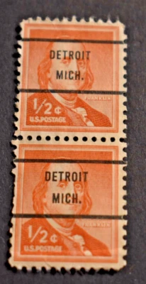 2 - 1954 US Stamps - Scott # 1030 - 1/2 Cent Franklin Precancels - Detroit - Image 1 of 2