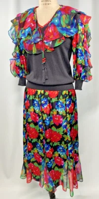 Vintage Dress SIZE SMALL 6 knit black bright chiffon ruffle ANTHONY SICARI 90s - Image 1 of 4