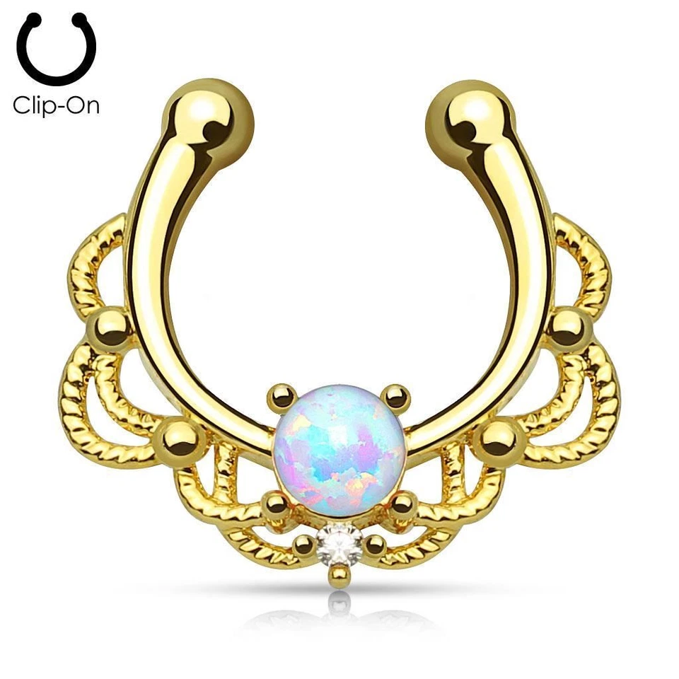 Brass/Gold Plated Clip On Fake Septum Clicker Non Piercing Nose Ring Hoop Opal - Image 1 of 1