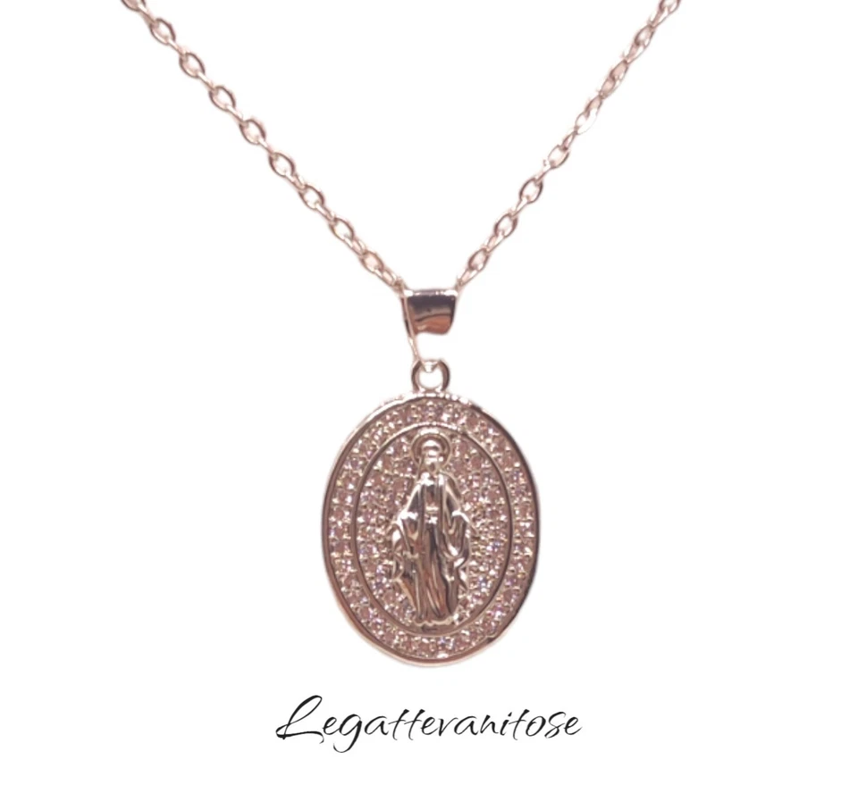 MEDAGLINA  MADONNA MIRACOLOSA  IN ACCIAIO ANALLERGICO ZIRCONI BIANCHI+ COLLANA - Immagine 1 di 4