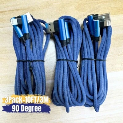 3PACK 90 Degree Elbow USB Charger Cable 10FT For iPhone 14 13 12 8 Charging Cord - Image 1 of 4