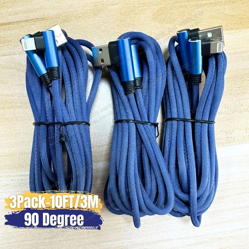 3PACK 90 Degree Elbow USB Charger Cable 10FT For iPhone 14 13 12 8 Charging Cord - Image 1 of 4