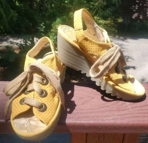 FLY LONDON Yifa Wedge Lace Up Peep Toe Sandals Yellow Euro Sz 36/US 5.5-6   - Picture 1 of 10