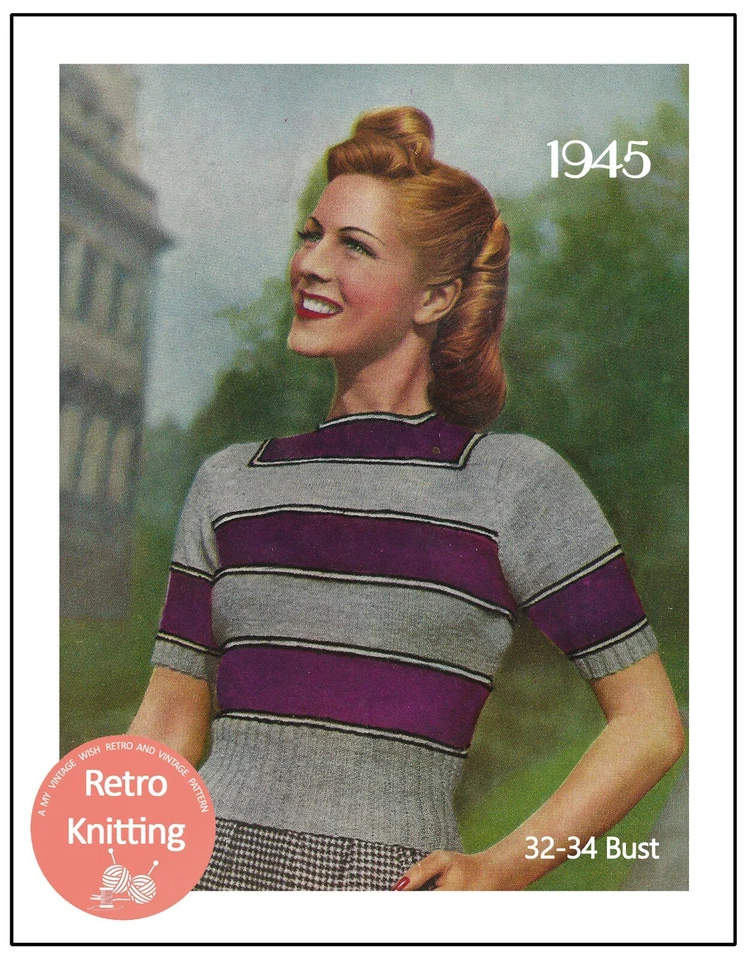 1940's Wartime Striped Sweater Knitting Pattern - Copy - Image 1 of 1