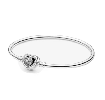 "PANDORA" AUTENTICO BRACCIALE RIGIDO CUORE NEL CUORE 💓❤️💓 ARGENTO E PAVE' 21CM - Immagine 1 di 4