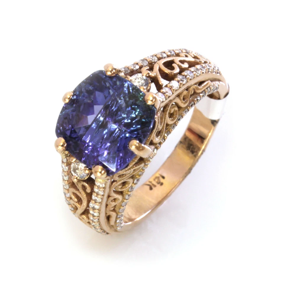 5.5 ctw Natural Tanzanite & Diamond Solid 14k Rose Gold Engraved Engagement Ring - Image 1 of 4