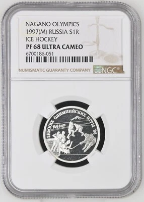 1997 RUSSIA 1 Rouble, Silver -Hockey, Moscow, Nagano - NGC PF68 UC - Image 1 of 2