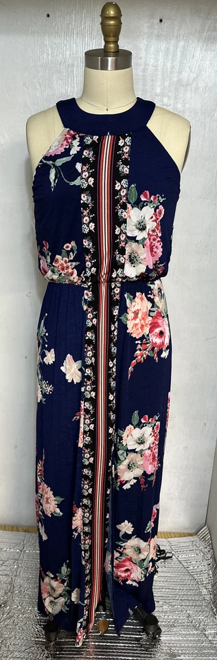 Three Pink Hearts Navy Floral Cameo Maxi Dress Women's M Size