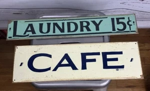 Lot Of 2 Anthropologie Rustic Vintage Look “LAUNDRY” "CAFE" Mummert Metal Signs - Picture 1 of 10