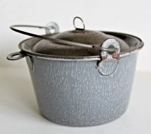 Antique Vtg. Graniteware Small Round Lunch Pail Berry Bucket w/ Lid, Drop Handle - Picture 1 of 8
