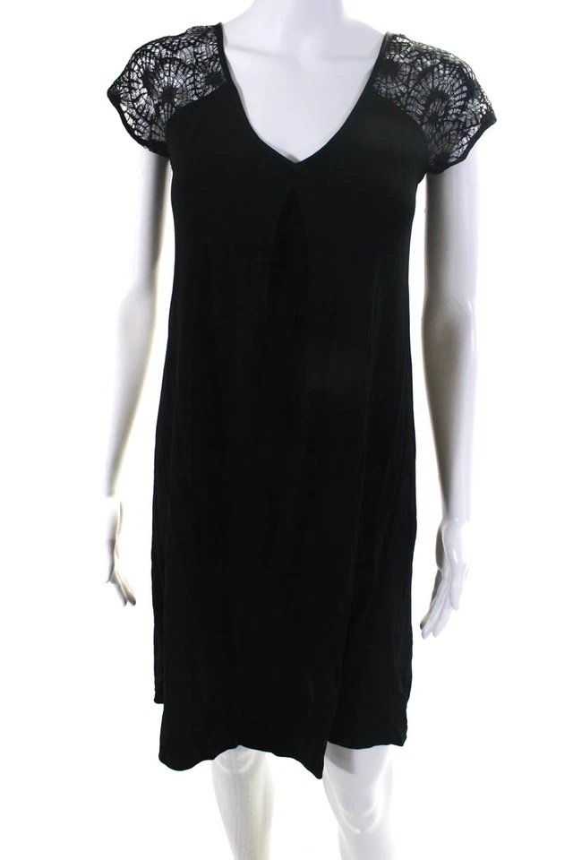 Michael Stars Women Lace Cap Sleeve V Neck Matte Jersey Shift Dress Black Size 0 - Image 1 of 4
