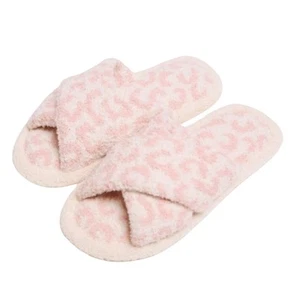 Pink Animal Print Soft Microfiber Open Toe Criss Cross Slide Slippers Size 8-10 - Picture 1 of 7