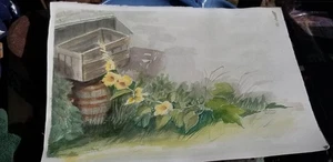 ORIGINAL AQUARELLMALEREI EICHENFASS HOLZKISTE OUTDOOR BLUMEN - Bild 1 von 17