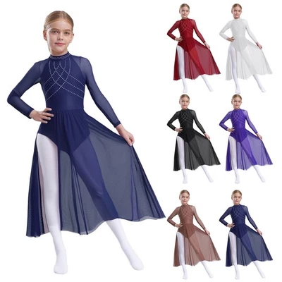Kids Girls Leotard Figure Ice Skating Dancewear Jazz Dress Sheer Mesh Patchwork - Image 1 of 4