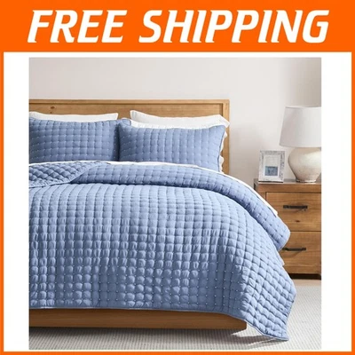Oversized 118x106" Blue Quilt Set with Pillow Shams for Modern Bedrooms - Image 1 of 4