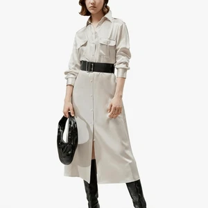NWT Lilysilk Medium Long Sleeve Midi Shirt Dress Khaki Button Front 100% Silk - Picture 1 of 15