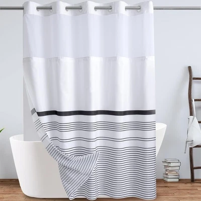 黑白波西米亚浴帘 - 条纹酒店面料带扣衬里 fo — 第 1/4 张图片