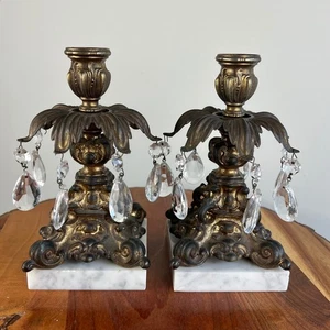 2 portacandele vintage Hollywood Regency ottone marmo vetro cristalli LEGGI - Foto 1 di 16
